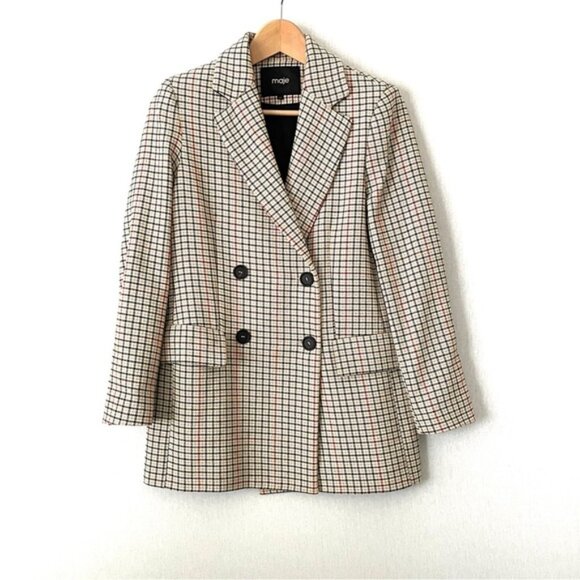 Maje Voldi Checked Double-Breasted Blazer Size 36 Small - Picture 5 of 7